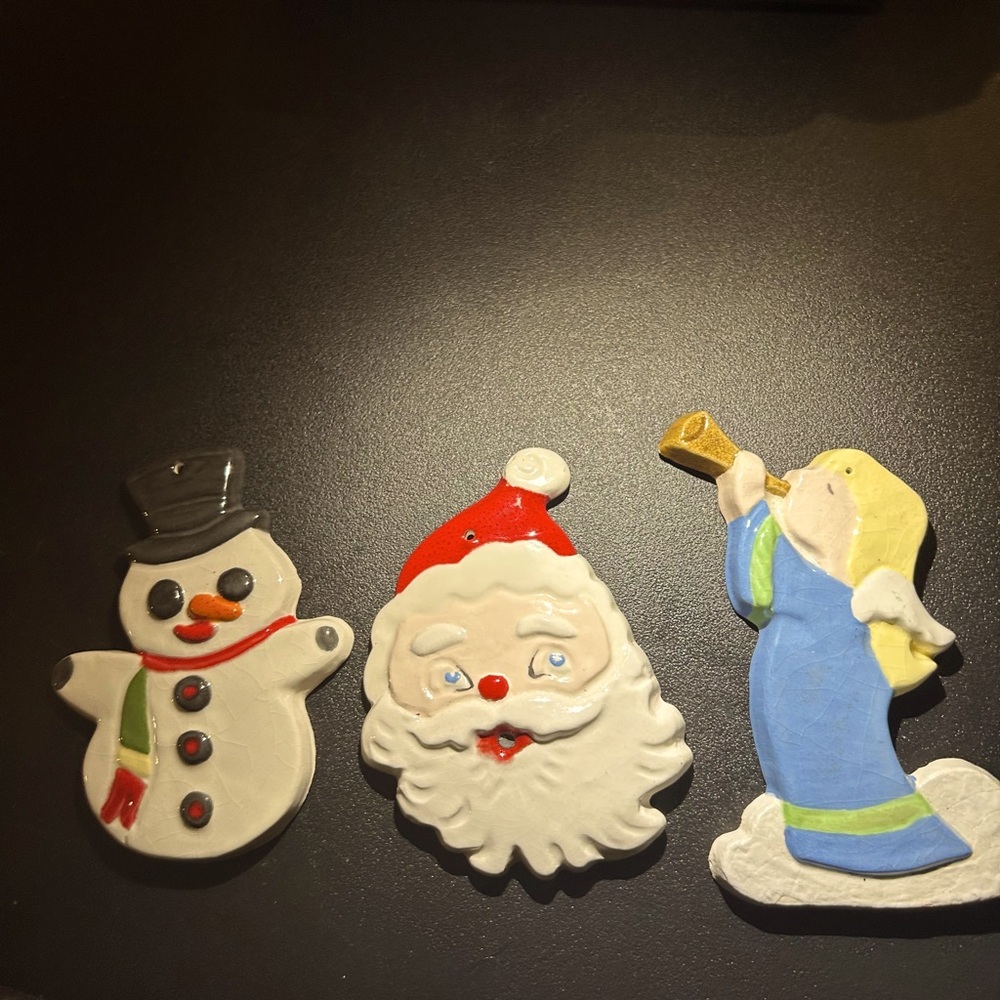 Vintage Hand Painted Ceramic Ornaments Lot Of 3 Snowman Santa Angel